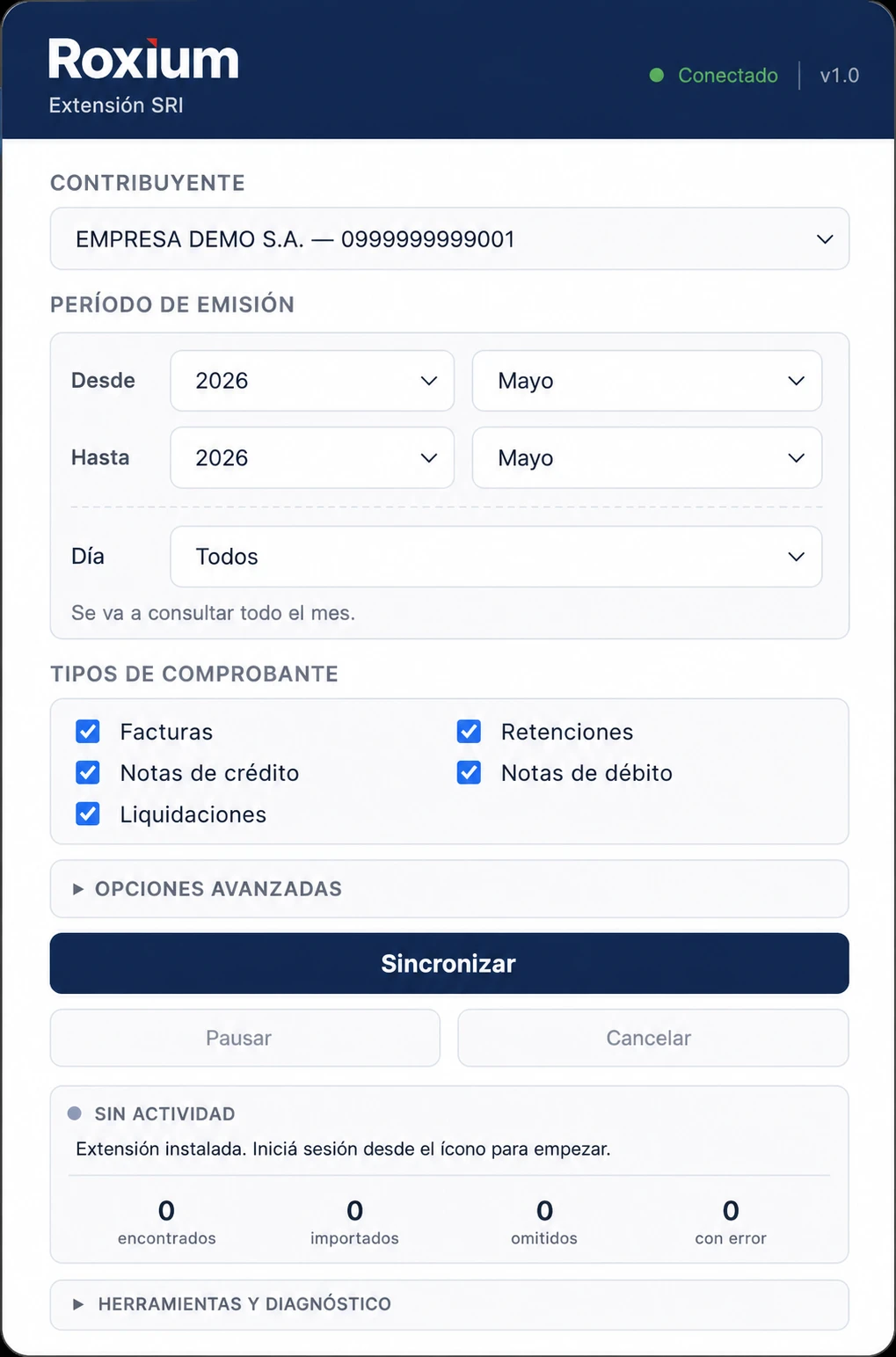 1. Elegir período y comprobantes en la extensión Roxium SRI